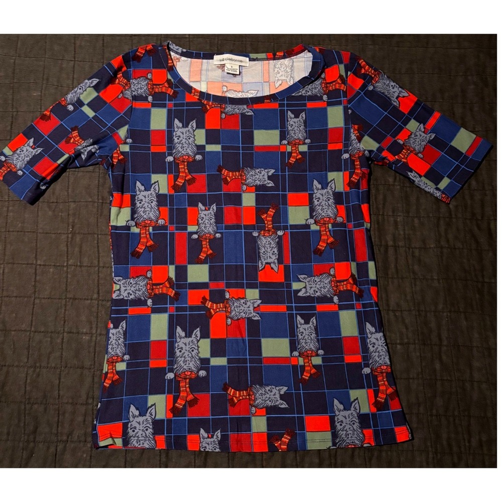 Liz Claiborne Women's Dog Plaid Top Blue Red Short Sleeve Scoop‎ Neck